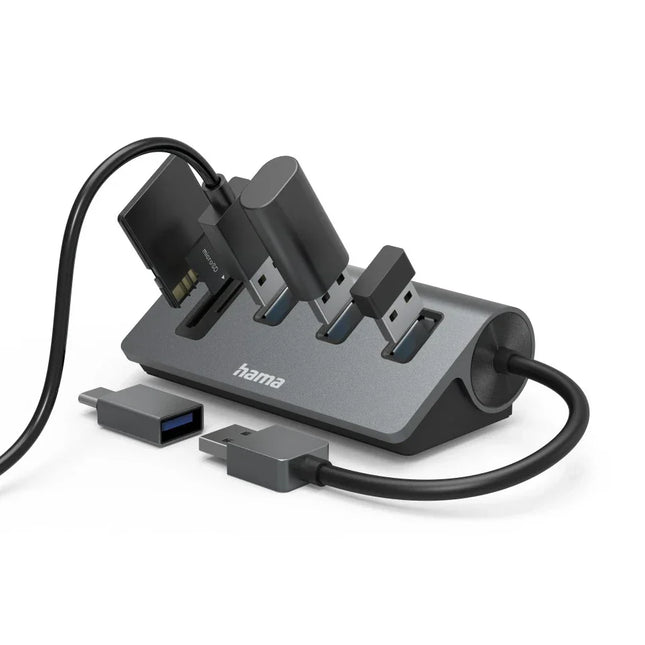 Hama 5 Port USB Hub + Card Reader, 3x USB-A, SD/microSD + USB-C Adapter