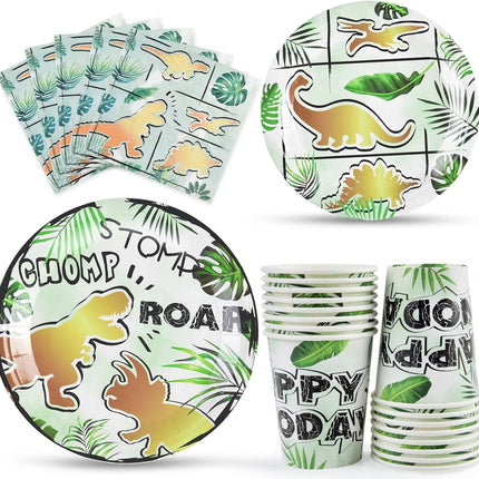 Party Tableware Set for Kids 16 Guests 66pcs Birthday Decorations Gold Dinosaur