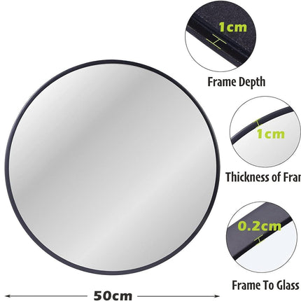 Round Wall Mirror 50x50cm Metal Frame Black Bathroom Living Room Decor ZENIDA