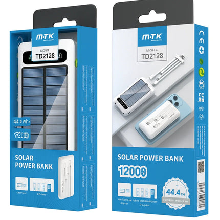 12000mAh Power Bank with Solar Panel Micro USB, iPhone, Type-C, and USB With LED