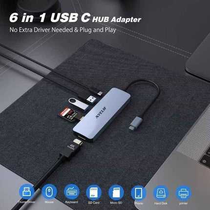 USB-C Laptop Dock with 4K HDMI USB 3 SD/TF Readers 6-in-1 for Mac Windows Linux