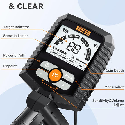 Metal Detector Waterproof Gold Detecting LCD Display 4 Modes SUNPOW