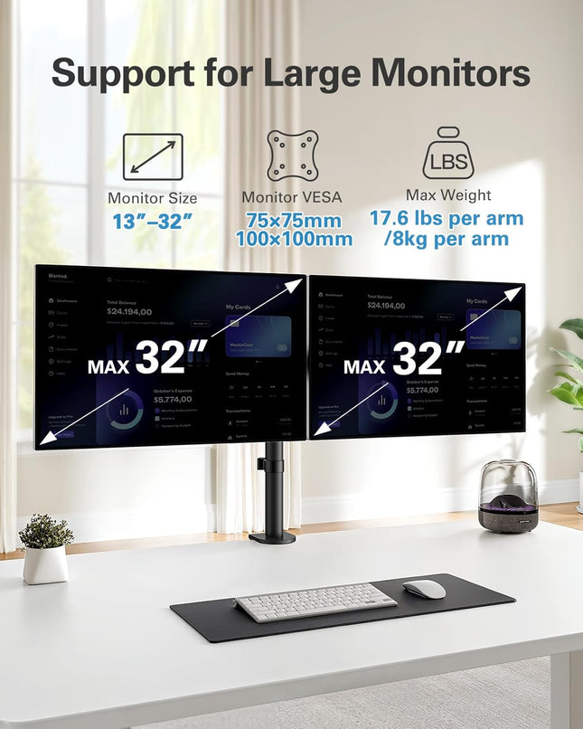 HUANUO Dual Monitor Stand 14–32", Desk Mount Arm, VESA 75/100