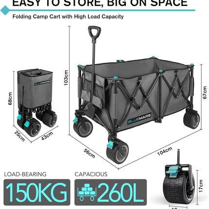Collapsible Garden Wagon 150kg Folding Camping Trolley All Terrain Bluemars