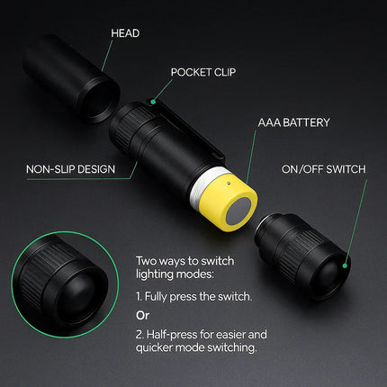 Twinkstar Mini LED Torch Pocket Flashlight Clip 5 Modes 1 AAA Battery Included