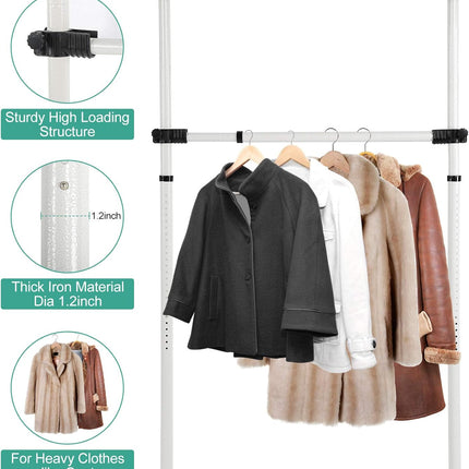 Telescopic Clothes Rack Heavy Duty Adjustable Rail with Hooks 8–10.8 ft