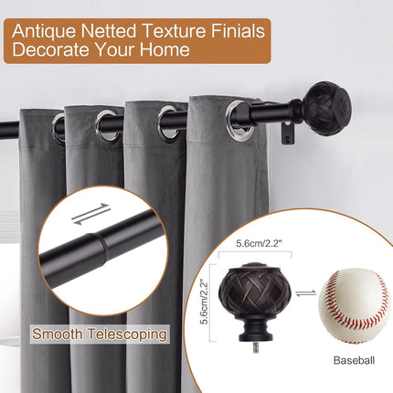 2pcs SZXIMU Curtain Pole 182-365cm (72-144''), Extendable, Netted Finials, Black