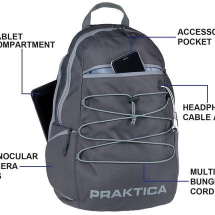 PRAKTICA All Weather Day 12L Backpack with Rain Cover & Binocular Pocket - Grey