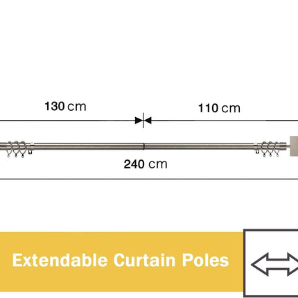 Curtain Pole 19mm Diameter Adjustable Length 130-240cm Black Nickel