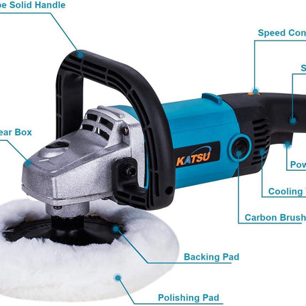 Car Polisher 1200W with 150mm 180mm Pads 20PCS Sponge Set Tool Bag KATSU