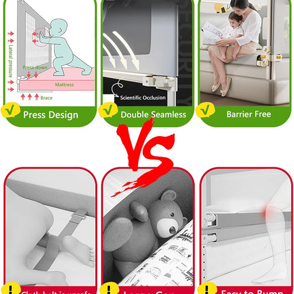 Toddler Bed Guard 150cm No-Install Adjustable Height Frog Design Gray EAQ