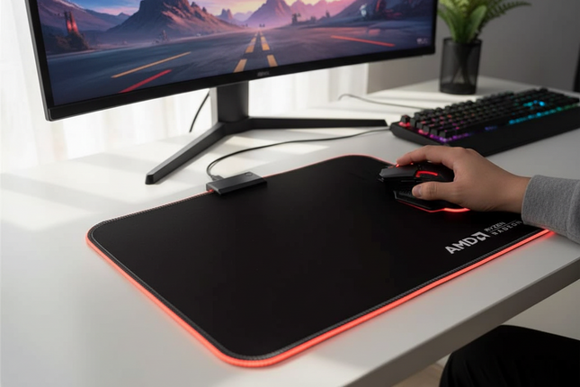 AMD LED Gaming Mouse Pad with Red Light, Anti-Slip, 36.5x25.5cm for PC & Laptop
