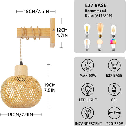 Schindora Boho Bamboo Wall Light – Handwoven E27 Lamp Shade