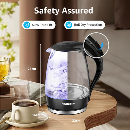 Glass Electric Kettle 1.7L 2200W Fast Boil LED Light Black Aigostar