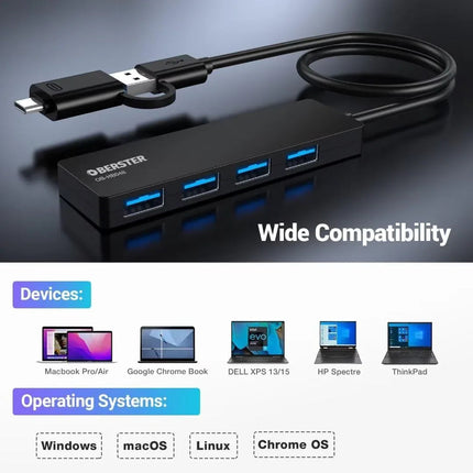 4-Port USB C and A Hub Splitter Ultra Slim Fast 5Gbps data for Mac Windows Linux
