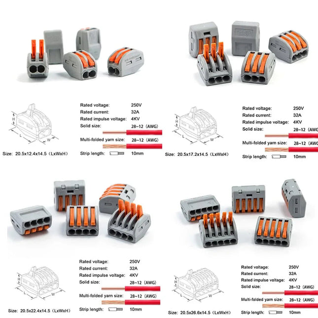 Electrical Connectors Wire Block Clamp Terminal Cable 12V 240V Reusable 265 pcs