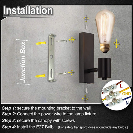 Industrial Wall Lights 2 Pack Rotatable E27 Rustic Wall Sconce Black Lightess