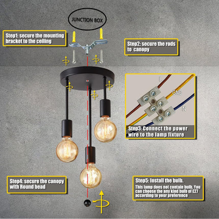 Lightsjoy 3-Way Black Ceiling Spotlight – Rustic E27 Pendant Light for Indoor