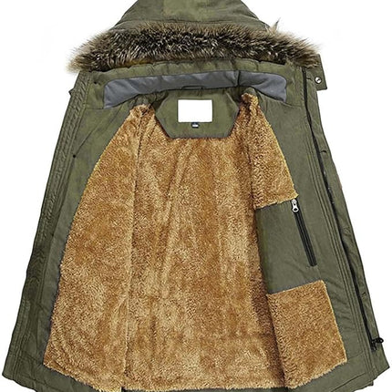 Mens Parka Jacket Winter Warm Fleece Coat With Fur Hood, Size M,Army Green