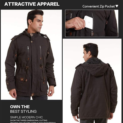 Mens Military Tactical Fleece Jacket Hooded Cotton Warm, Grey, Size L