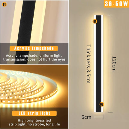 Mikeru 120CM Outdoor LED Wall Light, 42W IP65, 3 Modes 3000K-6000K, Black