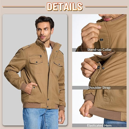 Mens Military Bomber Jacket Cargo Cotton Windbreaker Brown Size XL KEFITEVD