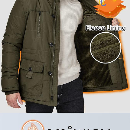 Mens Fleece Jacket Windbreaker Parka Removable Hood Army Green S WenVen