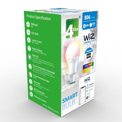 4lite WiZ Connected A60 Dimmable Multicolour WiFi LED Smart Bulb - B22 Bayonet