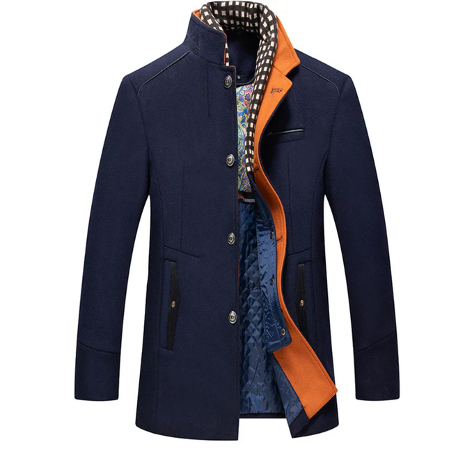 Mens Winter Wool Coat Thick Stand Collar With Scarf Navy Blue Size M, Biutimarden
