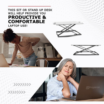 ProperAV Stand Up Desk Converter with Gas Spring Lift & Variable Height Settings - White