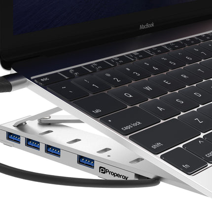 ProperAV Aluminium Portable Laptop or Tablet Stand with Built-in 100W USB-C Hub / 4 x USB-A Ports - Silver