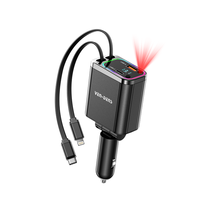 38W USB + Type-C Dual Ports Car Charger with Type-C and Lightning Cable