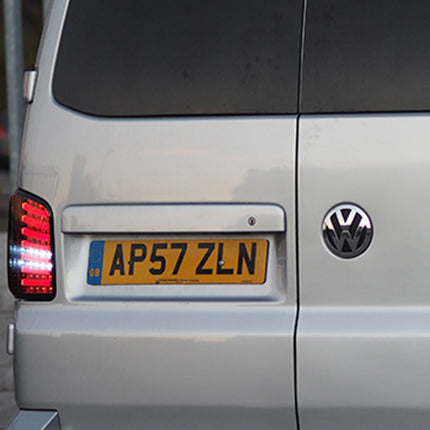 For VW T5, T5.1 Barn Door Rear Number Plate Unit - Reflex Silver Painted and Ready to Fit