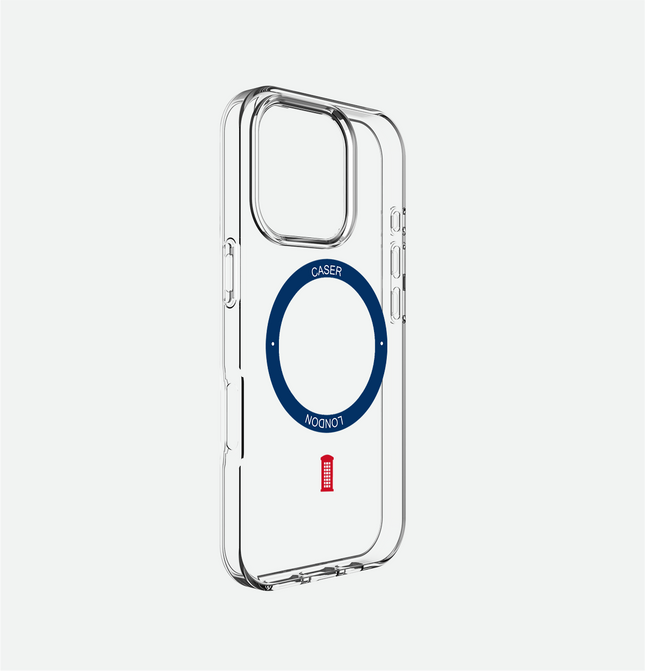 Slim Clear iPhone 16 Pro Max Case with Royal Blue MagSafe Ring - Telephone Box | The Iconic Case