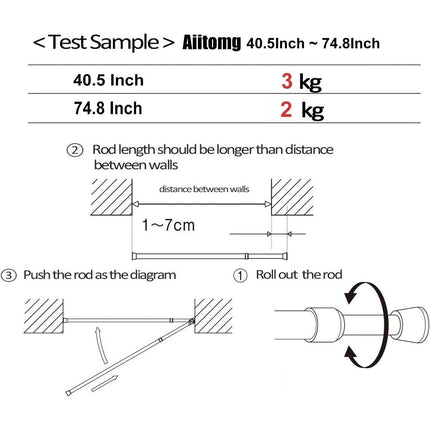 Tension Curtain Rod Extendable 103-190cm With Holders Wardrobe Bathroom