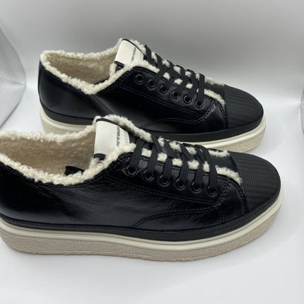 UK 5 Armani Black Leather Faux Fur Women’s Sneakers with Textured Sole – EU 38