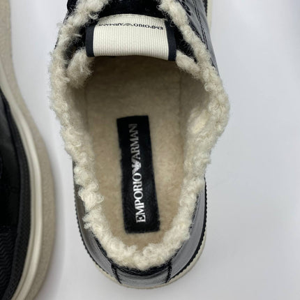 UK 5 Armani Black Leather Faux Fur Women’s Sneakers with Textured Sole – EU 38