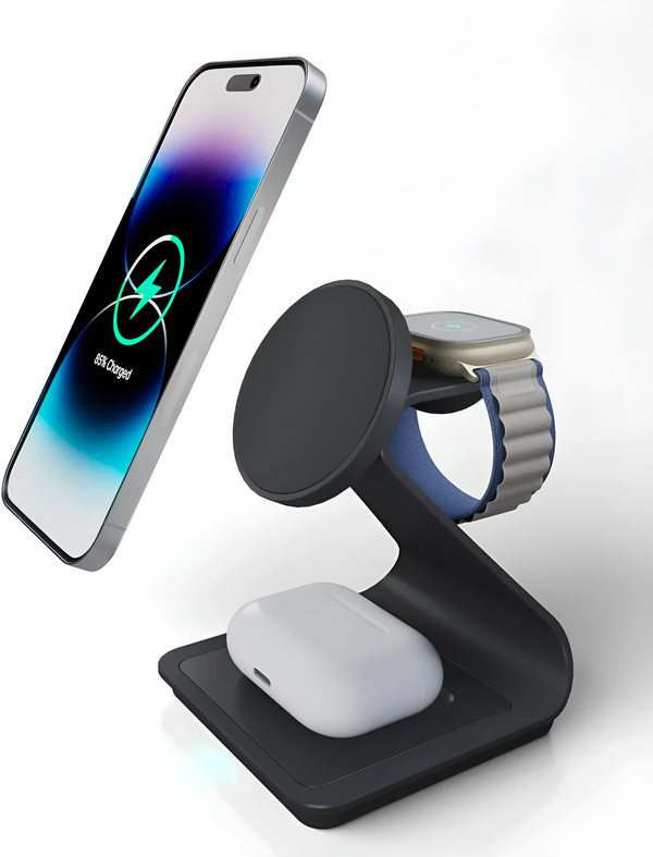 Wireless Charger For iPhone Apple Watch and AirPods 3 in 1 Black Aluminium Alloy