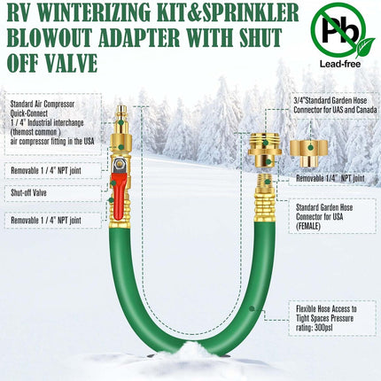 RV Winterizing Kit Air Water Blowout Adapter Plug with Valve Universal